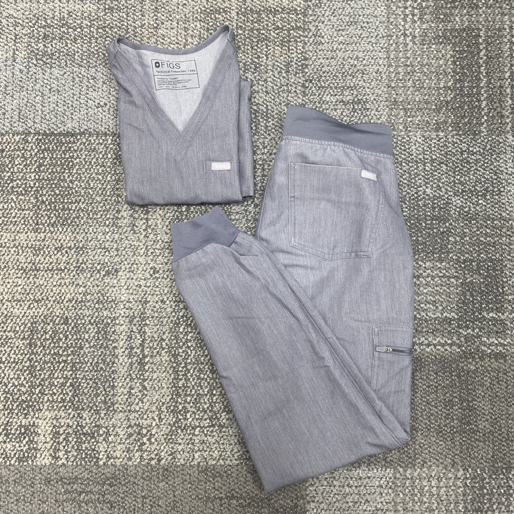 FIGS Women's XXS Catarina Top & XS Zamora Joggers  Scrubs Set Graphite Medical